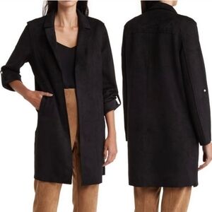 Tahari Black Faux Leather Open Front Roll-Tab Sleeve Long Blazer/Jacket - Sz XS